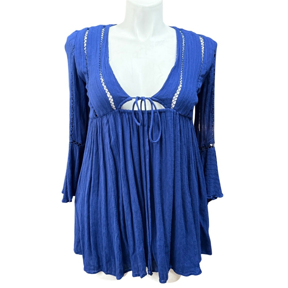 Free People Blue Boho Ladder Crochet Tie Front Bell Sleeve Mini Dress Medium